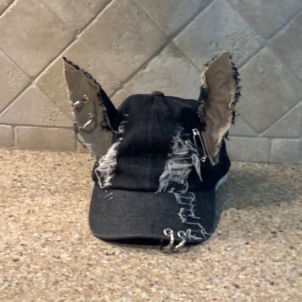 Stylish Black Denim Distressed Baseball Cap with Ears, Woman or Men